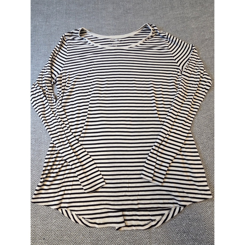 Gap Luxe T-Shirt Women M Black White Striped High Low Hem Long Sleeve Scoop Neck